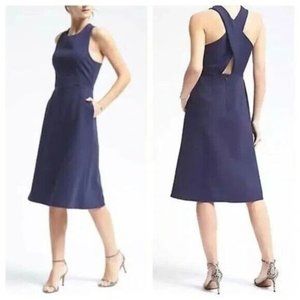 BANANA REPUBLIC Sz 6 Cross-Back Ponte-Knit Blue Sleeveless Midi Dress Womens